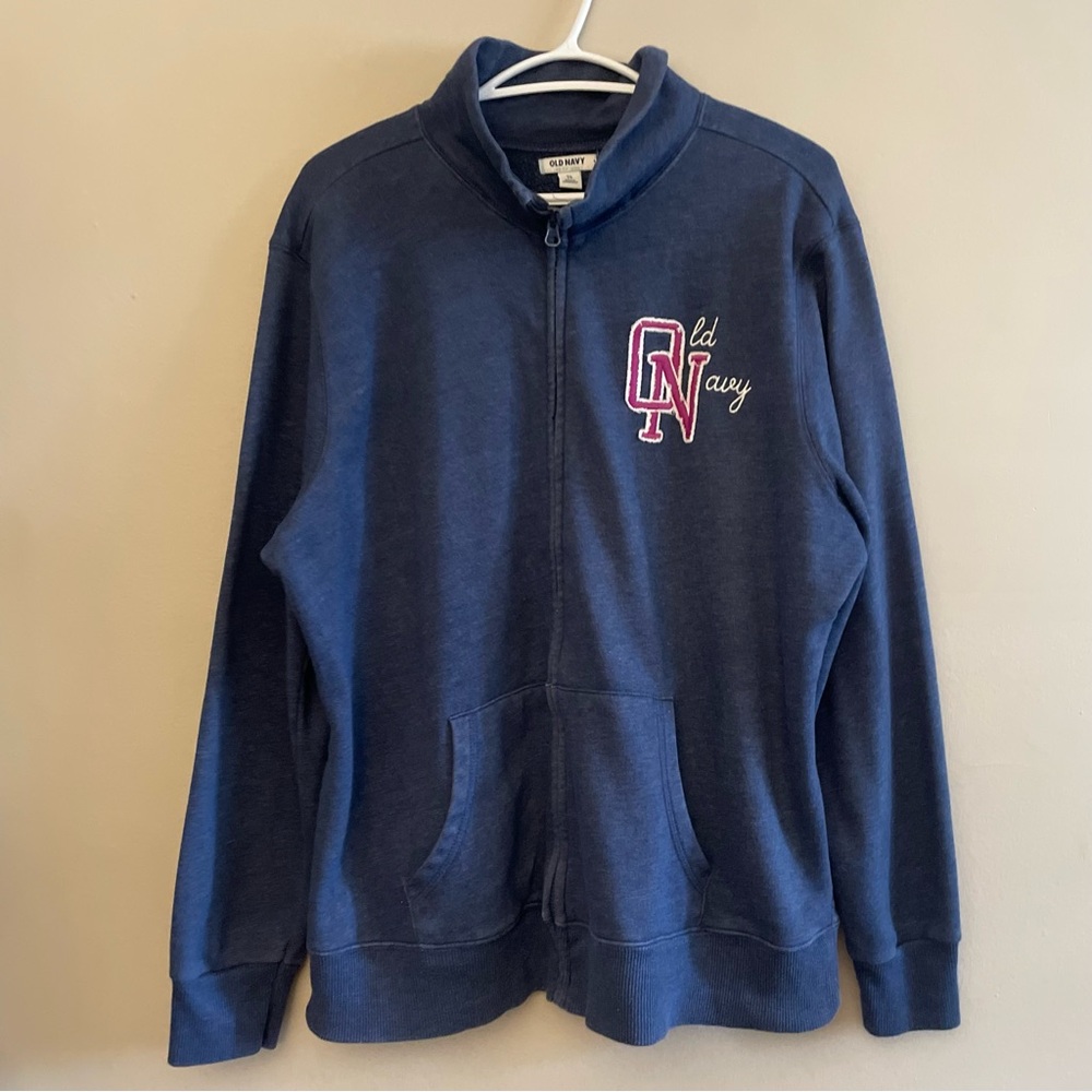 Old Navy Blue Mock Neck Zip-Up Sweatshirt with Pink Logo - Picture 3 of 16